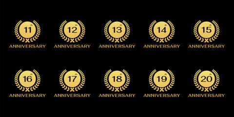 set of 11-20th anniversary celebration symbols. anniversary logo with gold circle ribbon and circular leaves.