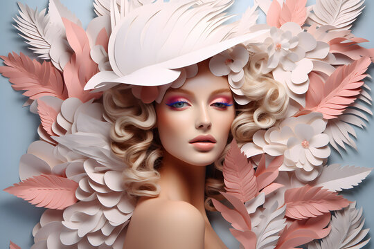 A Fashion photo collage of beautiful woman with paper flowers and leaves in pastel colors