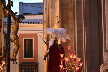 Sculpture of Jesus crucified as he is about to be pierced by the soldier's spear, processional float