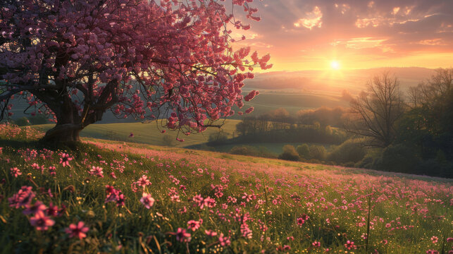 A vibrant spring dawn with pink blossoms and a tranquil meadow under a colorful sky.