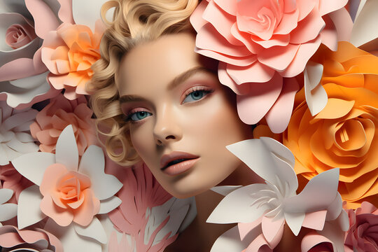 A Fashion photo collage of beautiful woman with paper flowers and leaves in pastel colors