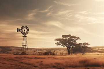 Rustic windmill standing in a serene countryside landscape