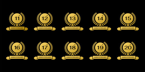 11-20th anniversary celebration collection. anniversary logo with gold ribbon circle and circular leaves