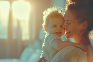 Mother embraces baby tenderly with a cheerful expression on her face, against the blurred background of a bright modern bedroom - obrazy, fototapety, plakaty