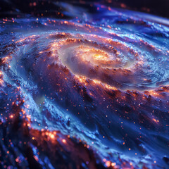 A spiral galaxy with a blue background and orange and yellow stars. The galaxy is full of stars and...
