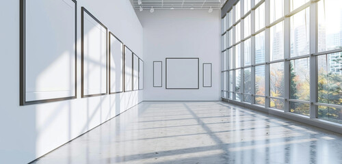A gallery space adorned with empty wall frame mockups, bathed in natural light streaming through large windows, providing an airy and open ambiance for visitors to enjoy the beauty of the artwork on d