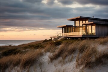 Secluded beach house nestled among dunes and beach grass - obrazy, fototapety, plakaty