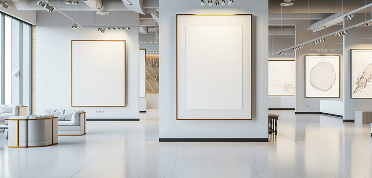 A gallery space adorned with empty wall frame mockups, strategically placed to enhance the visual appeal of the space