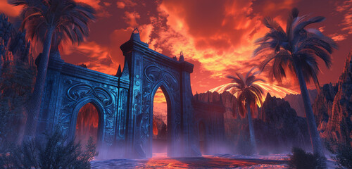 The imposing gates of a navy blue high elf sci-fi palace with detailed elven engravings standing...