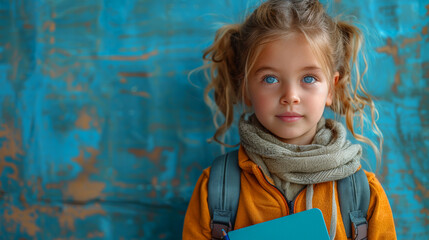 back to school, slavic child,  blue background - obrazy, fototapety, plakaty