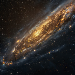 A galaxy with a bright yellow center and a dark blue background. The stars are scattered throughout...