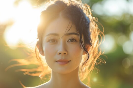 asian lady with sunlight backlighting, calm demeanor amidst verdant setting, pendant rests delicately against. Serenity graces woman bathed in sunset’s glow, highlights her tranquil presence,