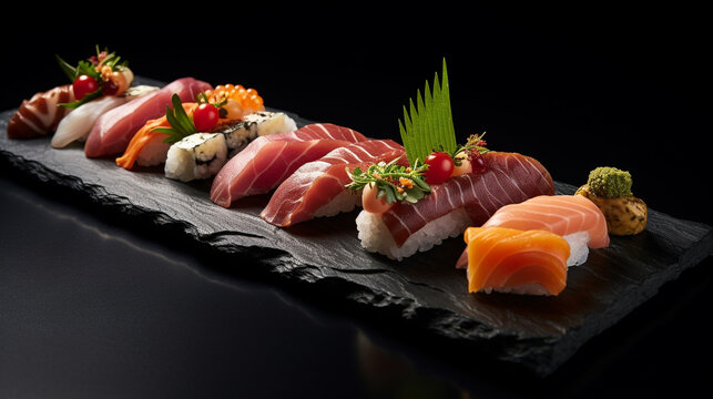 A  picture of a mouthwatering sushi platter on a black stone surface, highlighting the precision of Japanese sushi-making.