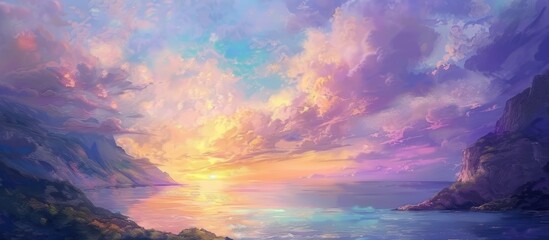 sky Clouds Sunset Mountains horizon lake background - obrazy, fototapety, plakaty