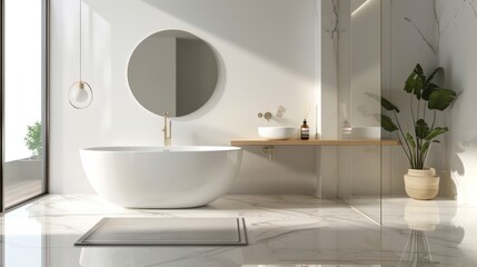 A contemporary bathroom featuring a spacious white bathtub and a circular mirror, designed with clean lines and a minimalist aesthetic
