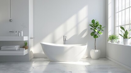 Fototapeta na wymiar A clean white bathroom featuring a tub with a green plant in the corner, illustrating simplicity and cleanliness