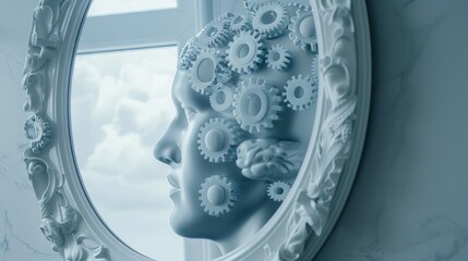 A mirror designed with gears in the shape of a human head, symbolizing innovation and creativity in a modern office setting