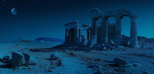 The ruins of a Greek temple against the harsh desert environment, under a sky of gradient sapphire to black at night