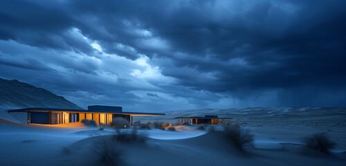 A secluded desert habitat, comprising several flat-roofed rooms, captured during a rare desert...