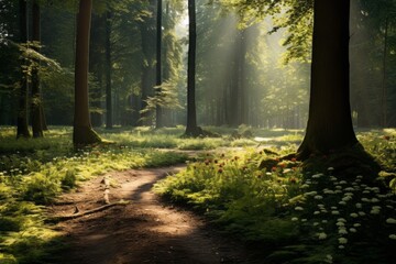 Tranquil forest glade with a small sunlit meadow - obrazy, fototapety, plakaty