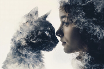 Femme et chat noir - obrazy, fototapety, plakaty