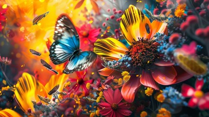 Butterflies in a group flying over a bunch of vibrant flowers