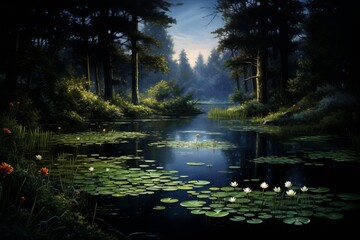 Fototapeta na wymiar Tranquil pond reflecting the beauty of its surroundings in a captivating natural scene