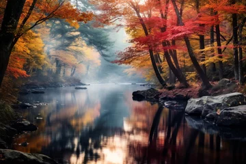 Wandcirkels tuinposter Tranquil river reflecting the colors of autumn foliage © KerXing