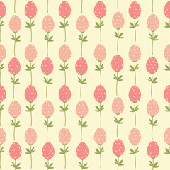 Pattern for easter on a beige background. Easter eggs, branches, flowers in pastel gentle colors. - 763438673