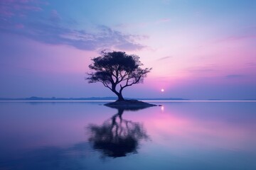Lone tree sitting on a small island in the middle of a lake - Powered by Adobe