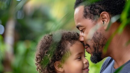 An intimate close-up of a father sharing words of wisdom with his child, their connection deepened by the trust and affection visible in their gentle embrace amidst a lush, natural backdrop. - obrazy, fototapety, plakaty