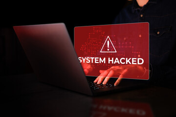 System hacked alert after cyber attack on computer network. Compromised information concept....