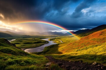 Vibrant rainbow arcing over a scenic landscape after a rain shower - Powered by Adobe