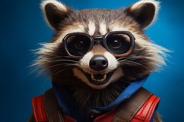 Obraz premium Close up portrait of a raccoon in a superman costume wearing glasses 