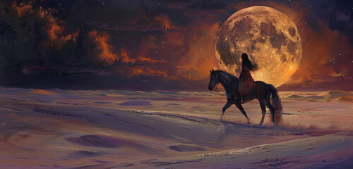 Under an amber moon, a girl on a large black horse trots through the desert, the sands painted a...