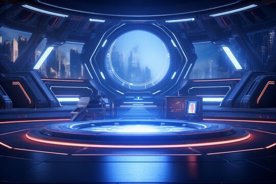 Sci-fi 3D environment with advanced technology and holographic interfaces