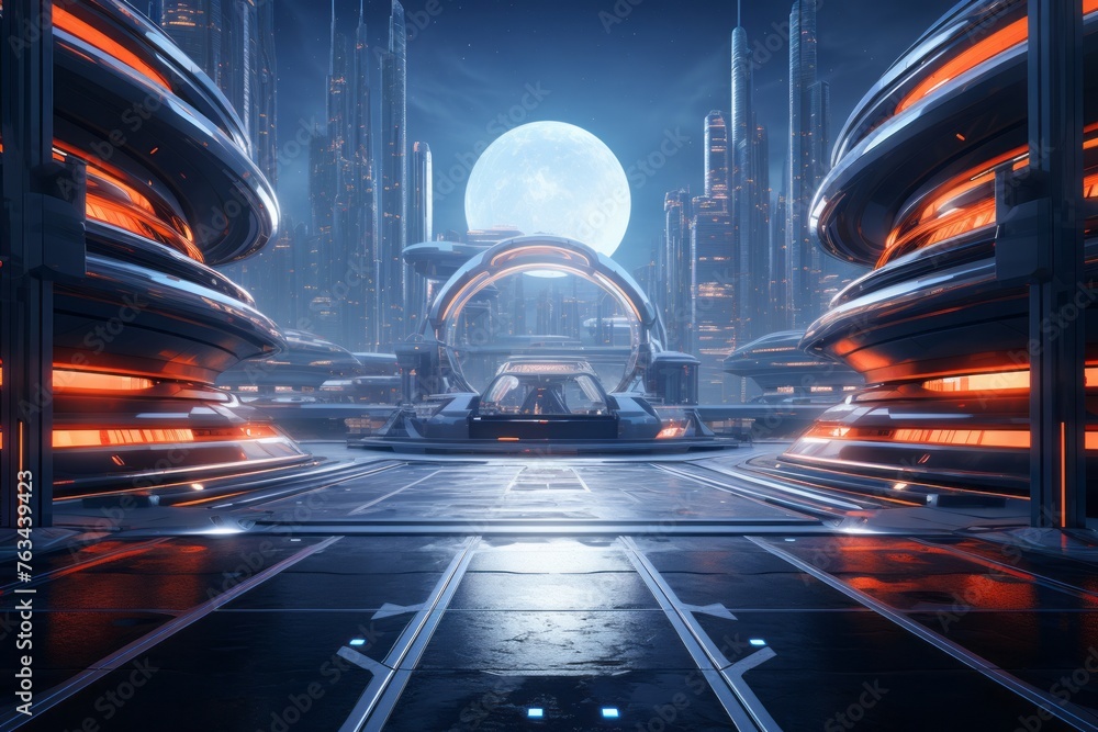 Poster technological 3d environment with futuristic architecture and glowing pathways