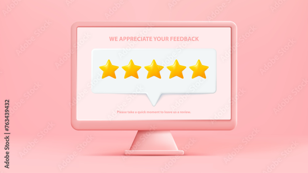 Poster computer 3d vector. computer screen with customer feedback. five stars customer review 3d. website o
