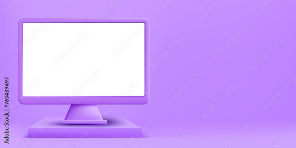 Poster computer on podium 3d vector. computer screen mock up. web page user experience. web analytics, seo,