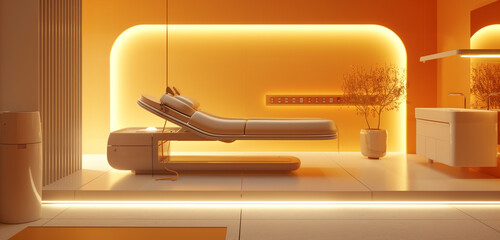 Visualize a modern laboratory bed with a minimalist and sophisticated design, set against an amber background. The scene emphasizes the bed's innovative technology, without depicting any humans