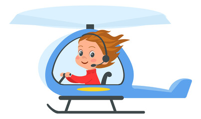 Kid on helicopter. Cartoon child flying on aircraft