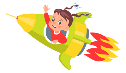 Girl flying on rocket. Cartoon kid in space. Happy character