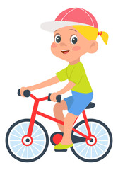 Boy riding bicycle. Cartoon summer kid activity