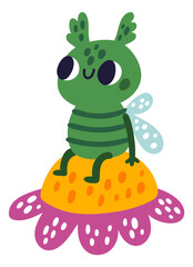 Cute bee sit on flower. Funny insect print character