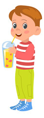 Boy drink fruit cocktail from plastic cup. Cartoon kid
