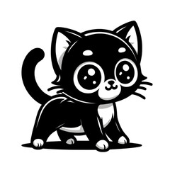 This captivating black and white illustration features an adorable kitten with oversized, gleaming eyes, exuding innocence and charm.