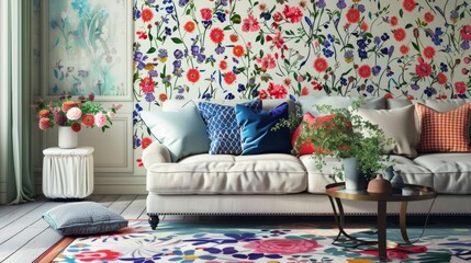 A vibrant living room full of furniture and colorful wallpaper, showcasing modern design and intricate patterns