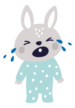 Crying baby rabbit. Sad forest animal character