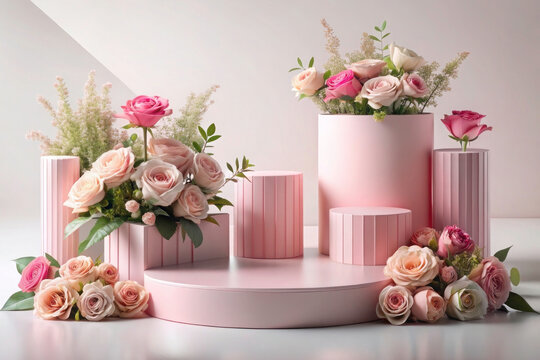 3D Spring Table Beauty Stand: Garden Rose Floral Summer Background Podium for Cosmetic Display, Perfect for Valentine's, Easter, and Romantic Gifts in Pink and Purple