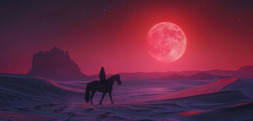 A solitary black horse with a girl rider explores a desert under a bright red moon, the sands a gentle grey, offering a stark yet beautiful landscape
